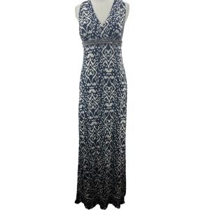 INC Women Size Small Y2K Maxi Dress Navy White Ikat Beaded Empire Waist Jersey